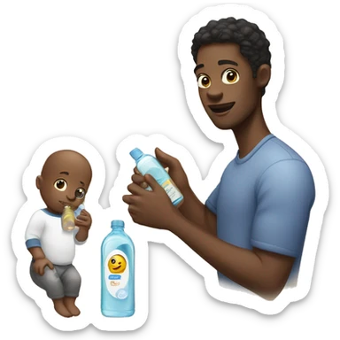 Black male holding a baby and a bottle of baby oil sticker