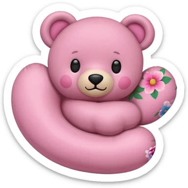 pink teddy bear with a floral neck pillow, classic iPhone emoji style, flat, minimal, rounded shapes, simple face sticker