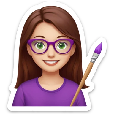 Girl, red shirt, long brown hair, green eyes, purple glasses, smiling with a paint brush. sticker