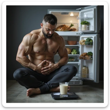 hyperrealistic 4K image of a man in sportswear sitting on the floor holding his stomach in discomfort after a protein shake, bathroom scale with '75kg' visible, open fridge full of chicken, rice, broccoli in the background sticker