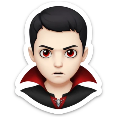 Vampire boy with the short black hair, pale scin, black eyes, little fangs and dark circles under his eyes. He has serious face sticker