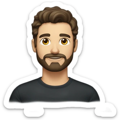 White man with a sun kissed tan and blue eyes. His hair is dark brown, styled sideways backwards. He has a beard and mustache trimmed. Wears s black t-shirt. sticker