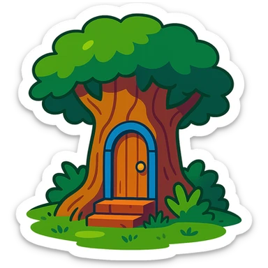 wooden door embedded in a tree, secret forest hideout vibe, vibrant toon style sticker