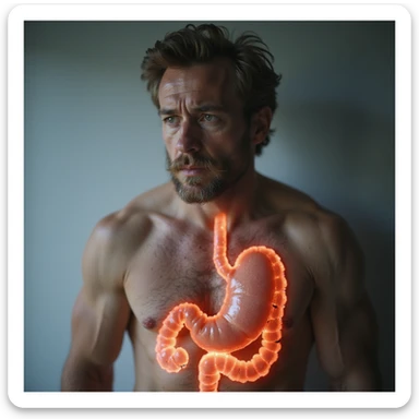 realistic adult man with tired expression, body with transparent inflamed intestine, visible red swollen areas, sugar symbolism as cause, clinical background, 4K quality sticker