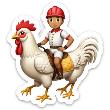 Man riding a chicken as if he were a jockey on a horse sticker