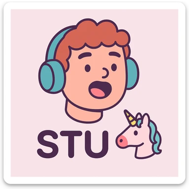 minimalistic Discord emoji with text 'STU 🦄' in sleek rounded font, small cute unicorn icon, pastel color palette sticker
