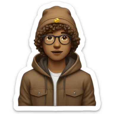 boy, browun obey beanie, round glasses, dark-blonde curly hair, light-brown hoodie sticker