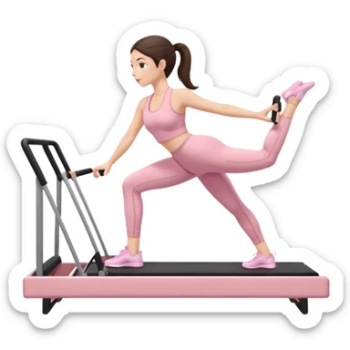 white brunette girl in light pink workout clothes doing pilates on a reformer sticker