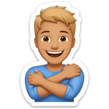 person laughing crossing arms holding neck sticker
