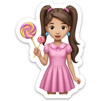 Girl with long dark ponytails wearing light pink body dress holding a lollipop sticker