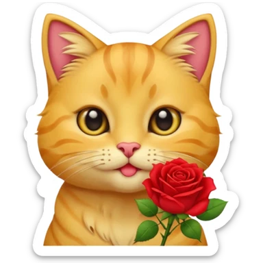 Cute emoji-style yellow tabby cat holding a red rose in its mouth, big round eyes, fluffy fur, clean mascot style, centered, transparent background, 1:1 ratio. sticker