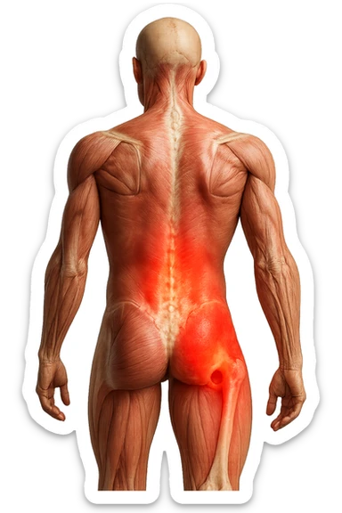 CORPO UMANO ANATOMICO REALISTICO DI SPALLE CON DOLORE ALLA LOMBARE INFIAMMATA, DOLORE ALL'ANCA, IPERREALISTICO 4K sticker