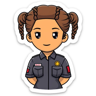 A 40-year-old Latina woman car mechanic with light brown skin, wearing black mechanic uniform, with two braids pulled back from her head sticker