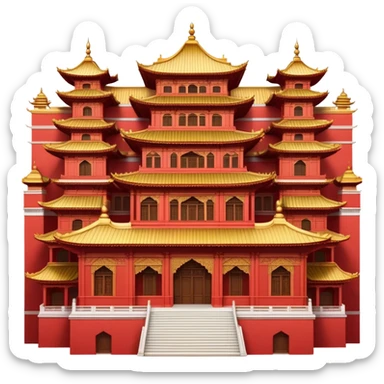 Cinematic Realistic Forbidden City Landmark Emoji, depicting grand imperial architecture with golden rooftops, vast courtyards, and intricate wooden carvings, all surrounded by towering red walls. sticker