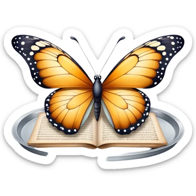 A butterfly balanced on a silver tray of old letters.
 sticker