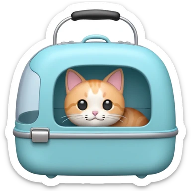 A cute emoji-style cat carrier — rounded, soft edges, cartoon-like design, pastel colors, with a small handle on top and tiny ventilation holes on the side. Simple, minimal details, high contrast, clean outline. sticker