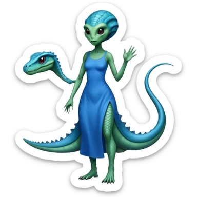 a reptilian alien woman full body, in blue dress sticker