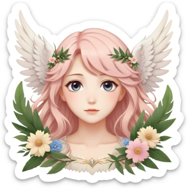 Romantic Dreamy pretty pastel anime flowers feathers wings angelic laurel lady with pretty hair and gorgeous eyes aesthetic sticker