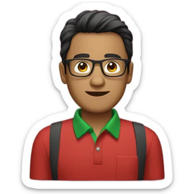 Man with black hair and glasses wearing red shirt with green polo collar sticker
