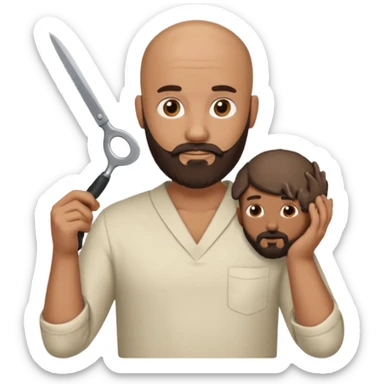 A bald man with a dark brown beard cutting someone’s hair eating poop sticker