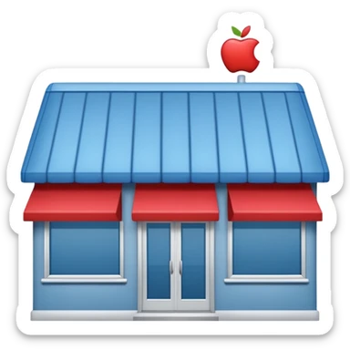 flat vector emoji of small storefront with blue exterior, light gray trim, tiny red accents on handles or signage frame, Apple emoji style, soft rounded edges, minimal details, large front windows, sliding glass doors, small peaked roof, no text, no logos, centered on plain background sticker