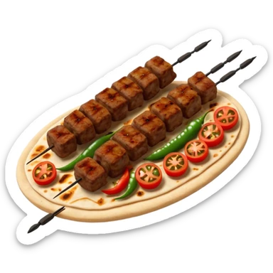 Adana kebab object icon, spicy grilled minced meat skewer, served on flatbread, grilled tomatoes and green peppers on the side, smoky char marks, juicy texture, 3D cartoon, mobile game icon style, centered, clean background, no text, no watermark
 sticker