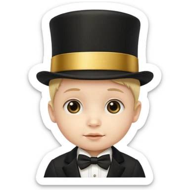 a baby face in a black top hat with a gold stripe sticker