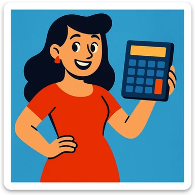 woman in a red dress holding a calculator, vibrant and clear sticker