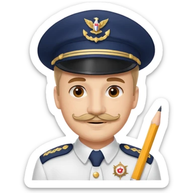 A light-skinned man with brown eyes and Pencil mustache, smiling while wearing a white captain’s hat with a navy emblem. sticker