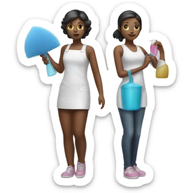 Two girls standing back t back holding cleaning supplies sticker