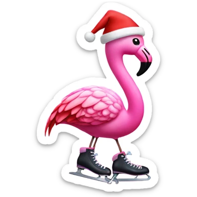 Pink flamingo in ice skates and Santa hat sticker