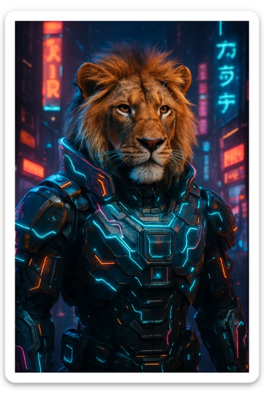 a lion in a cyberpunk suit with holographic elements and high-tech armor, futuristic cyberpunk design sticker