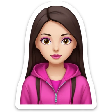generate a pretty fair bratz girl with dark brown eyes, dark brown hair straight long. Wearing a hot pink zipper hoodie, pink lipgloss sticker