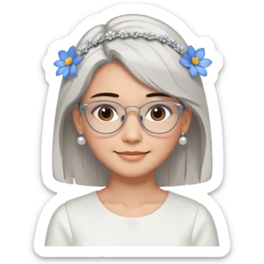  Emoji of a smiling girl with neck-length straight brown hair, fair tan skin, brown eyes, soft black brows, wearing silver glasses, pearl earrings, white hair clips, and blue flowers in her hair. She's in a clean white dress or shirt, with a soft clean girl aesthetic on a white background sticker