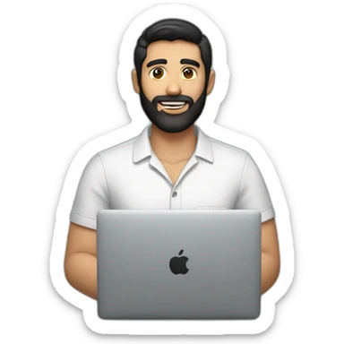 man with black hair, brown eyes, a fine beard, wearing a f1-shirt working with a macbook sticker
