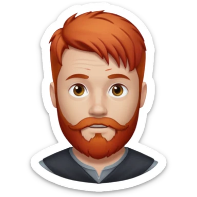 man with short auburn hair and red beard with patches of silver sticker