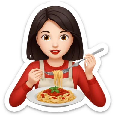 chica joven piel clara y pelo oscuro comiendo un plato de pasta sticker