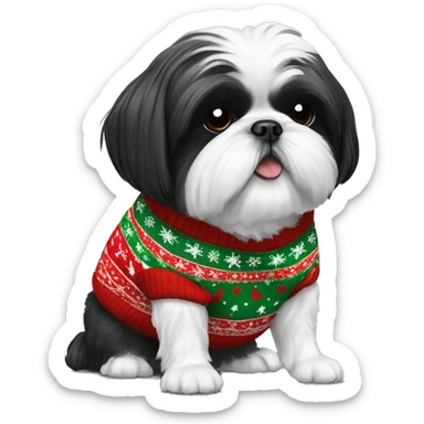 black and white shih tzu wearing a christmas jumper sticker