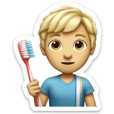 Blonde neathanderal with bowlcut holding a toothbrush singing with it, wearing normal clothes sticker