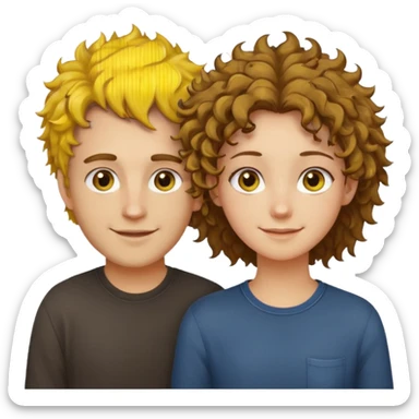 Sarı ve dağınık saçlı ela gözlü beyaz tenli erkek ve saçları koyu kahverengi ,kıvırcık saçlı kız yan yana gülümsüyor sticker