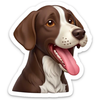 Cinematic Comical German Pointer Dog Portrait Emoji, Head tilted dramatically while yawning exaggeratedly, sleek brown and white fur, Simplified yet hilariously adorable features, highly detailed, glowing with an almost sarcastic glow, high shine, a mix of lazy and curious, stylized with a touch of playful whimsy, bright and alert but with a comical expression, soft glowing outline, capturing the essence of a mischievous yet overly dramatic dog, so meme-worthy it feels like it could leap off the screen and sassily demand attention, ready to become the internet’s next viral sensation! sticker
