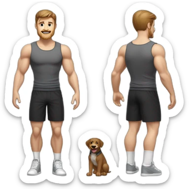 Full height realistic Actively gesturing with hands Pale skinned Fit Man With the biceps and brown hair in dark gray Sleeveless Mike, black oversize sports shorts, watch and white Sneakers sticker