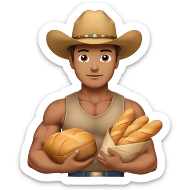 Muscular man with a bread and a cowboy hat  sticker