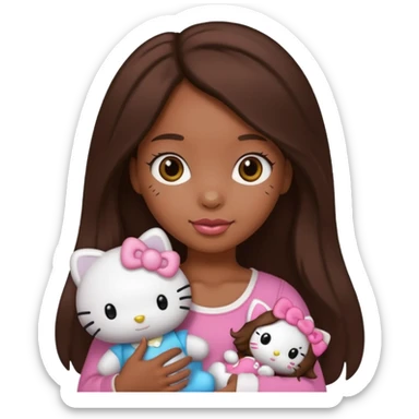 black girl with long brown hair, holding a hello kitty plushie  sticker