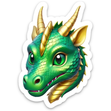 Cinematic Cute Dragon Portrait Emoji, Head tilted playfully and inquisitively, featuring a sleek, serpentine form adorned with iridescent scales that shift between emerald and gold, a delicate set of subtle horns, and round, sparkling eyes full of curious magic; rendered with realistic detail and warm natural light, high shine, affectionate and enchanting, styled with a touch of whimsical fantasy, soft glowing outline, capturing the essence of a mischievous yet lovable dragon that seems poised to slither playfully into your arms! sticker