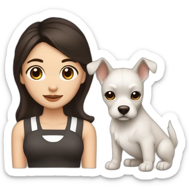 One white women with long dark brown hair and long eyelashes dark brown eyes and thick dark brown eyebrows with one black dog with a white stripe on the neck and ears raised up sticker