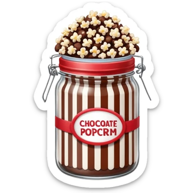 Chocolate popcorn in a jar with red and white vertical lines sticker
