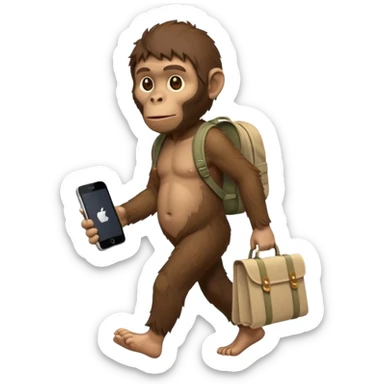 Draw an Australopithecus walking like a nomad, carrying a cloth bundle on its back and holding an iPhone and a laptop, in a cute flat iPhone emoji style. sticker