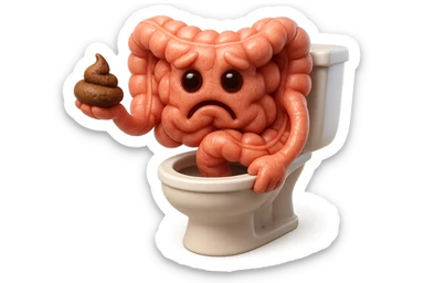 emoji stile iphone di un intestino realistico 3d che esce dal wc con in mano una montagnetta di feci con espressione triste a palline, iperrealistico 4k sticker