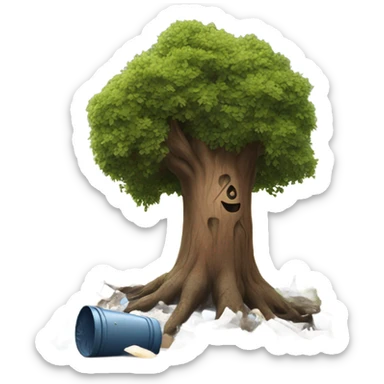 Polluted tree with trash dy it's side and no leaves sticker